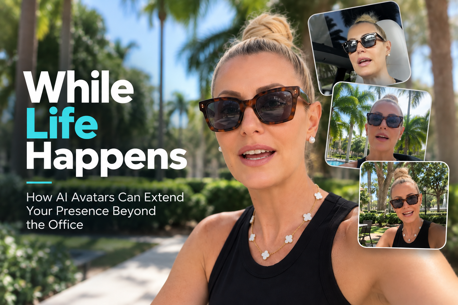 AI avatar video creation concept featuring a professional woman outdoors with floating digital avatar video frames and article title "While Life Happens".